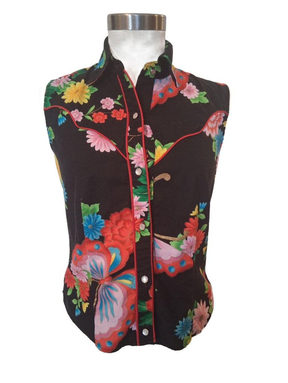 Vintage 90s Women's Flowers & Butterflies Sleeveless Western Shirt Medium